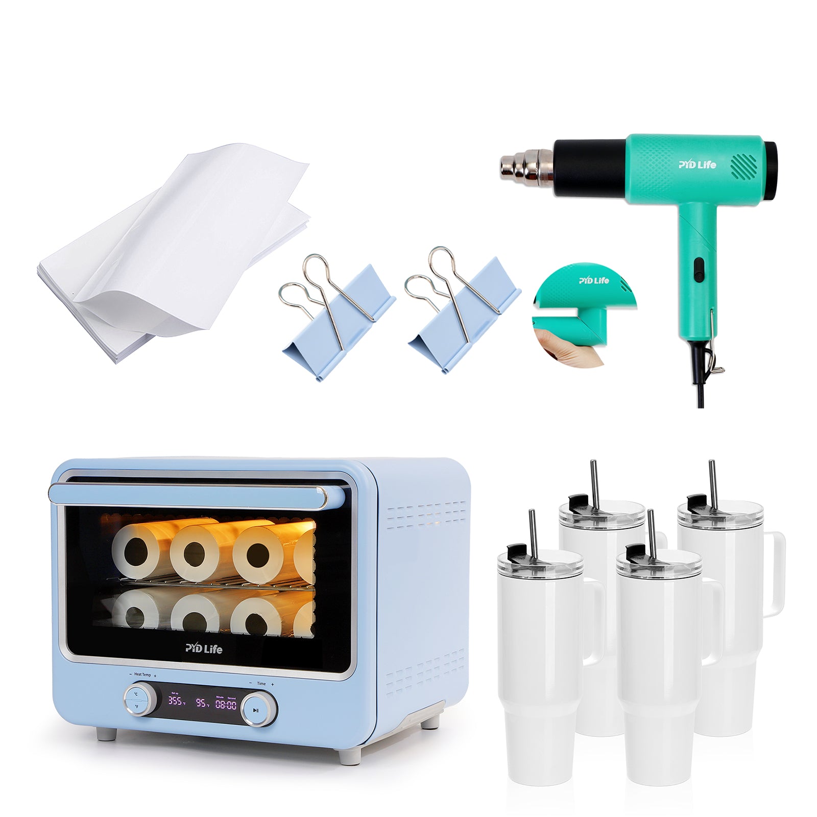 40 L Sublimation Oven Sublimation Starter Beginner Kit Bundle with 40 OZ Sublimation Tumblers,Binder Clips Extra Large,Shrink Wrap Film and Heat Blower