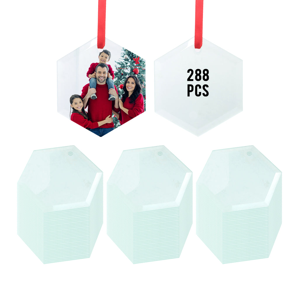 Sublimation Glass Ornament Blanks with Red Ribbon 3 Inch Hexagon for Easter Christmas Hanging Home Decor 48 PCS