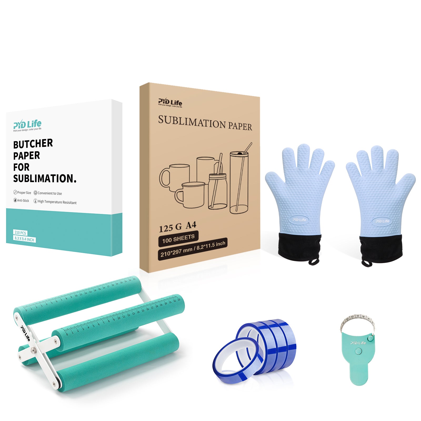 Tumbler Press Tools Starter Kit Bundle with Heat Resistant Gloves,Cup Tumbler Cradle,Sublimation Tape,Y-shaped Messure Tape ,Sublimation Paper and Butcher Paper