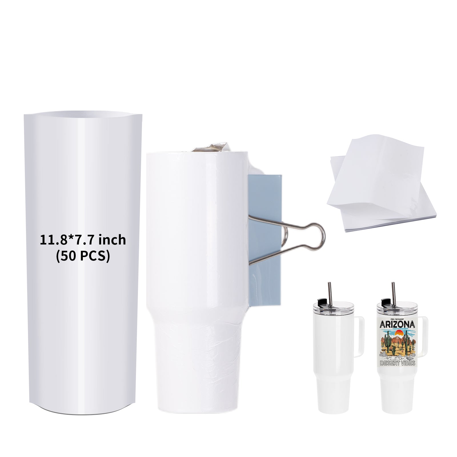 11.8 x 7.7 Inch Shrink Wrap Films Sleeves for Sublimation Oven Printing 40 OZ Sublimation Tumblers with Plastic Handle 50 PCS