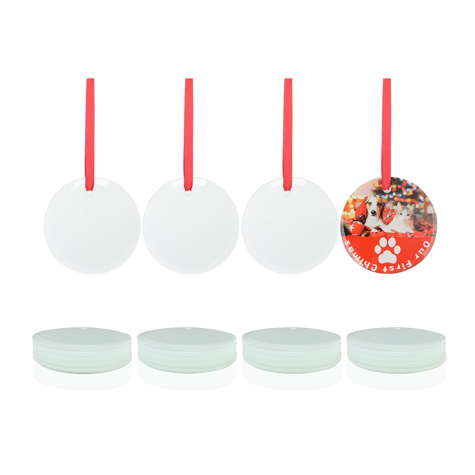 Wholesale Sublimation Glass Ornament with Red Ribbon 3 Inch Round 24 PCS for CA