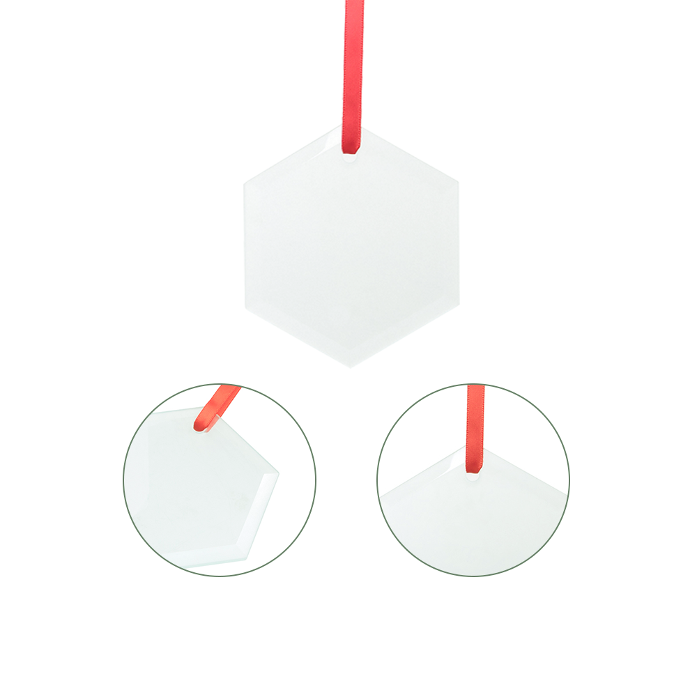 Sublimation Glass Ornament Blanks with Red Ribbon 3 Inch Hexagon for Easter Christmas Hanging Home Decor 48 PCS