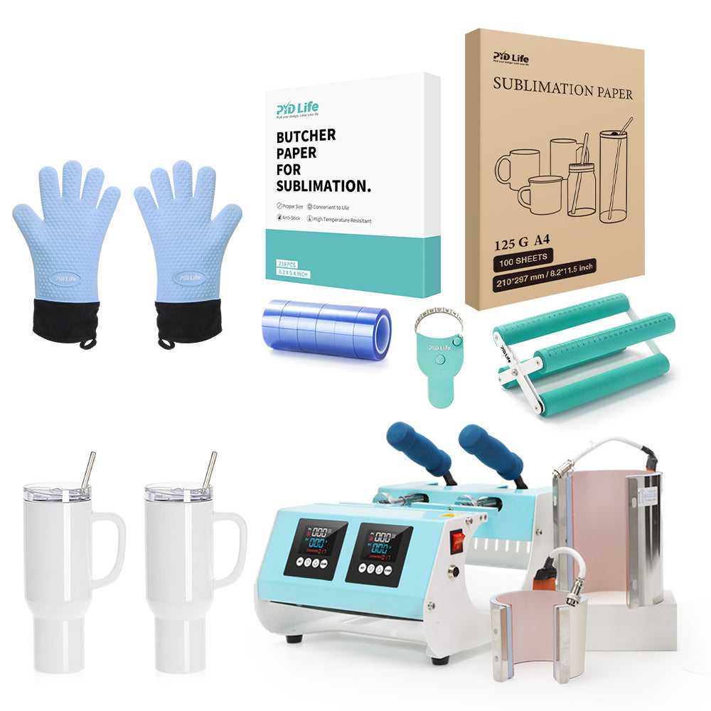 40 OZ Dual Tumbler Heat Press Sublimation Starter Beginners Kit Bundle 8 types,with 40 OZ Sublimation Tumblers,Tumbler Cup Cradle,Sublimation Paper,Butcher Paper,Sublimation Tapes,Heat resistant Glovers,Y-shaped Tape Rulers