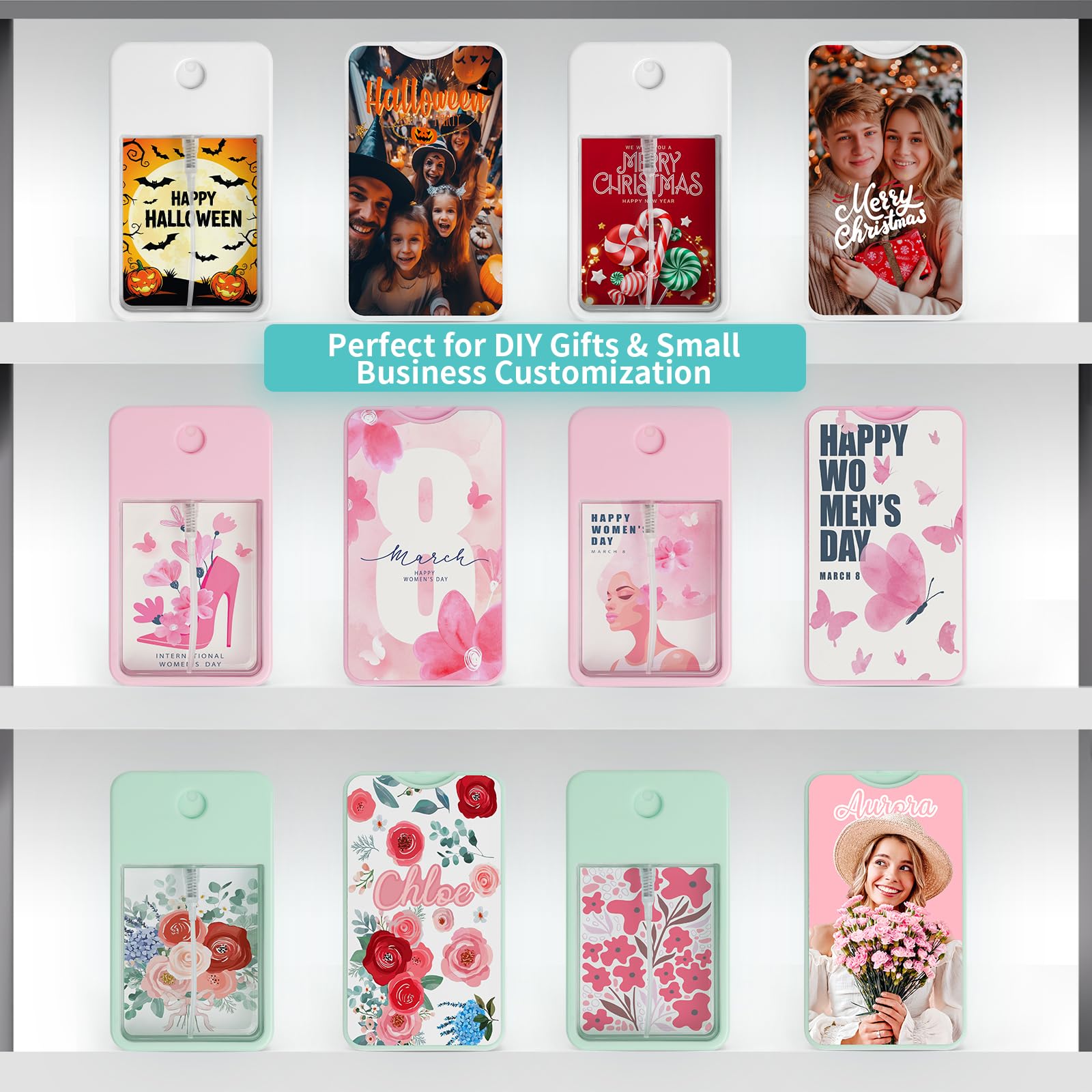 Wholesale 12 Pack Sublimation Blanks Card Perfume Spray Bottle 1FL. OZ 30 ml Mixed Color, Portable Refillable Travel Mist Sprayer with 16 PCS Double-Sided Sublimation Aluminum Sheets for Custom Design