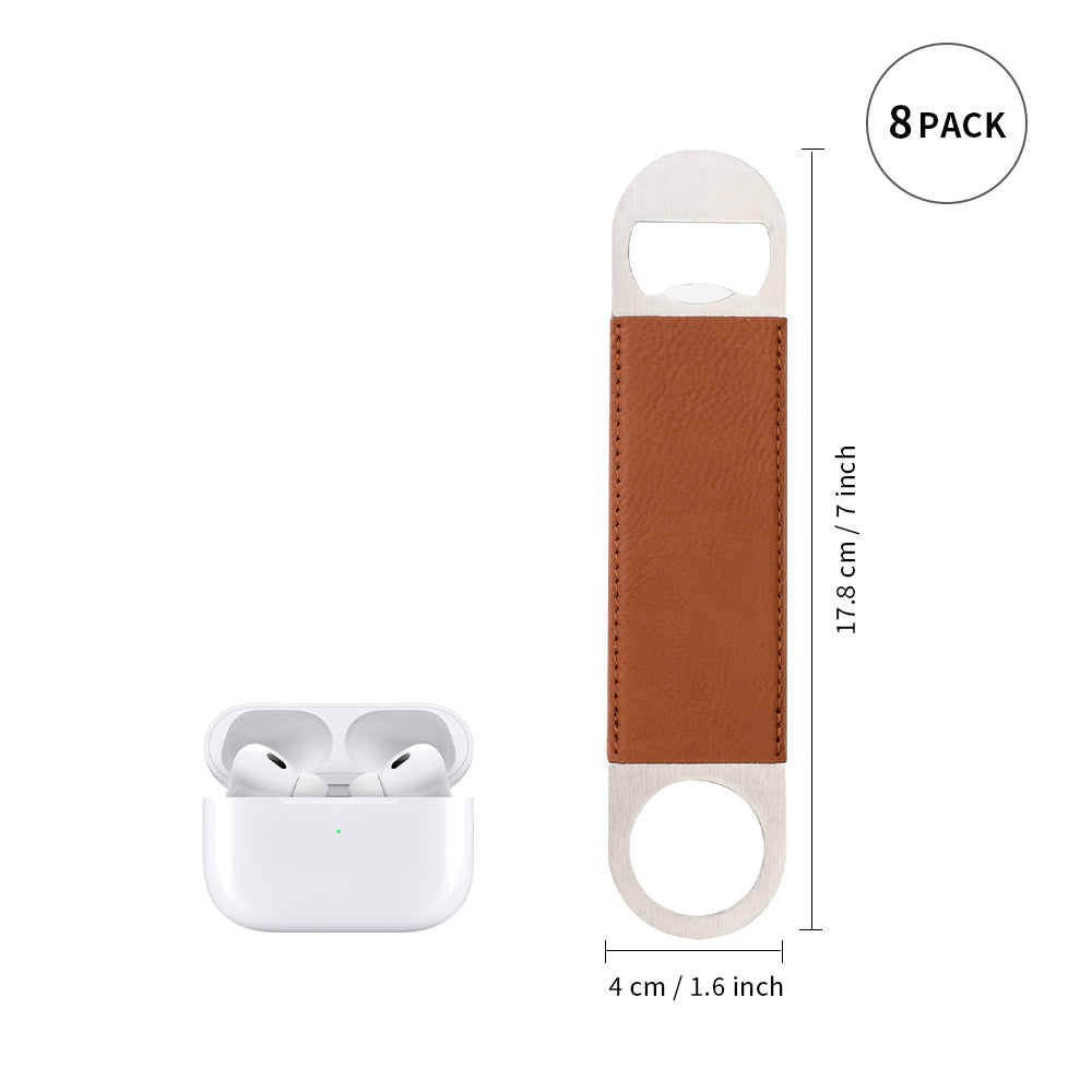 Craft Blanks Stainless Steel Bottle Opener with Leather Cover for Custom Laser Engraving, 1.6 x 7 inches Rec, 5 color options, 8 Pack