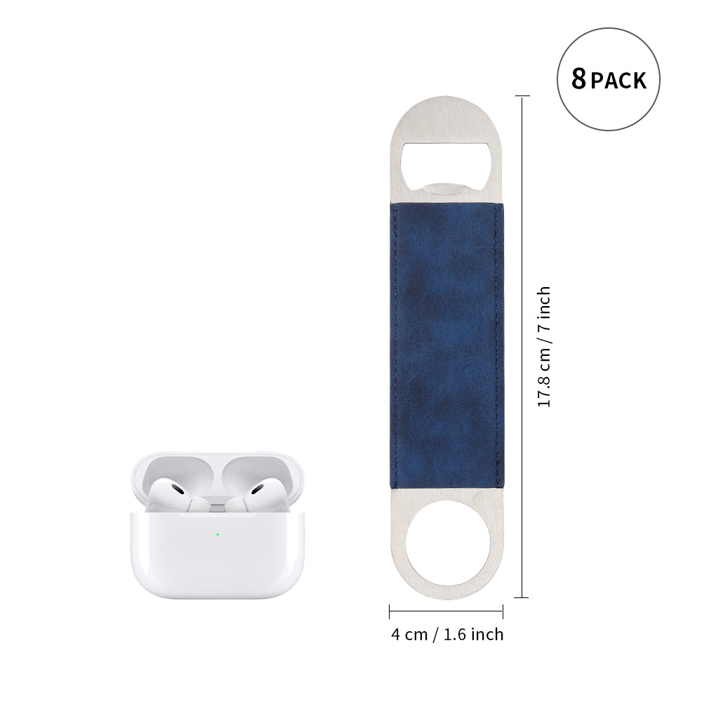 Craft Blanks Stainless Steel Bottle Opener with Leather Cover for Custom Laser Engraving, 1.6 x 7 inches Rec, 5 color options, 8 Pack