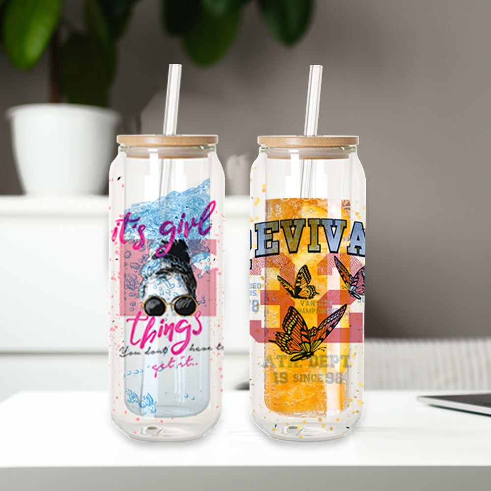 Sublimation Glass Can Double Wall With Bamboo Lid And Glass Straw 15 oz 6 Pack