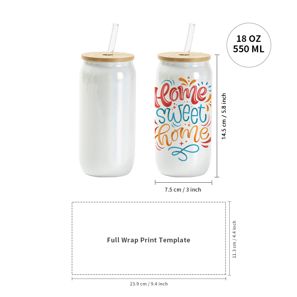 Sublimation Iridescent Glass Can Tumbler Glitter Color with Bamboo Lid and Glass Straw 18 OZ 6 Pack