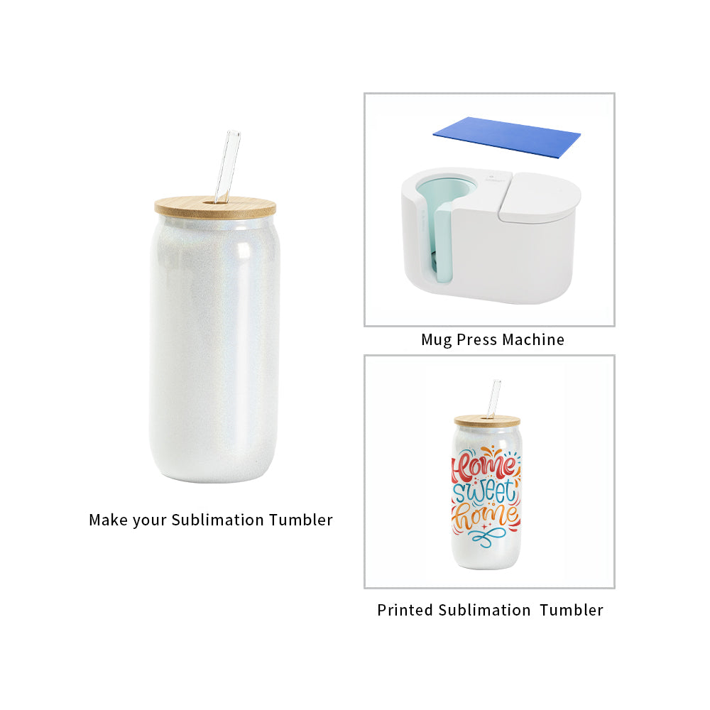Sublimation Iridescent Glass Can Tumbler Glitter Color with Bamboo Lid and Glass Straw 18 OZ 6 Pack