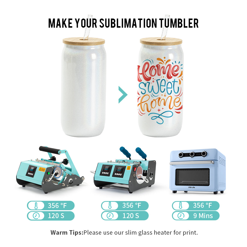 Sublimation Iridescent Glass Can Tumbler Glitter Color with Bamboo Lid and Glass Straw 18 OZ 6 Pack