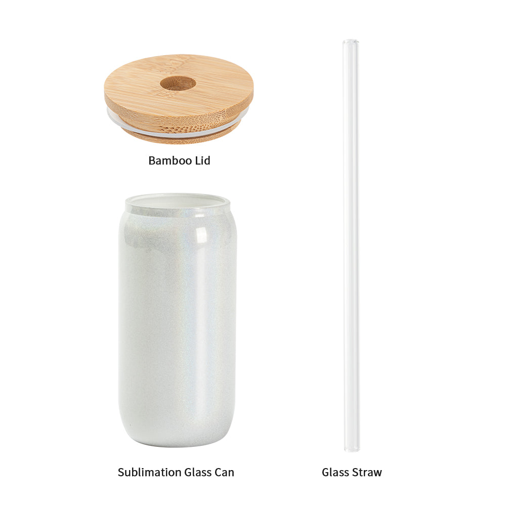 Sublimation Iridescent Glass Can Tumbler Glitter Color with Bamboo Lid and Glass Straw 18 OZ 6 Pack