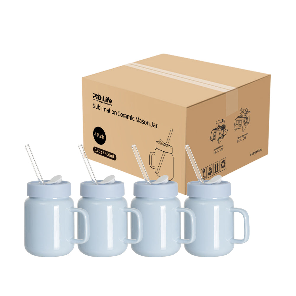 Sublimation Ceramic Mason Jar Full Color with Handle, Silicon Lid and Glass Straw 17 OZ 4 Pack (3 color options)