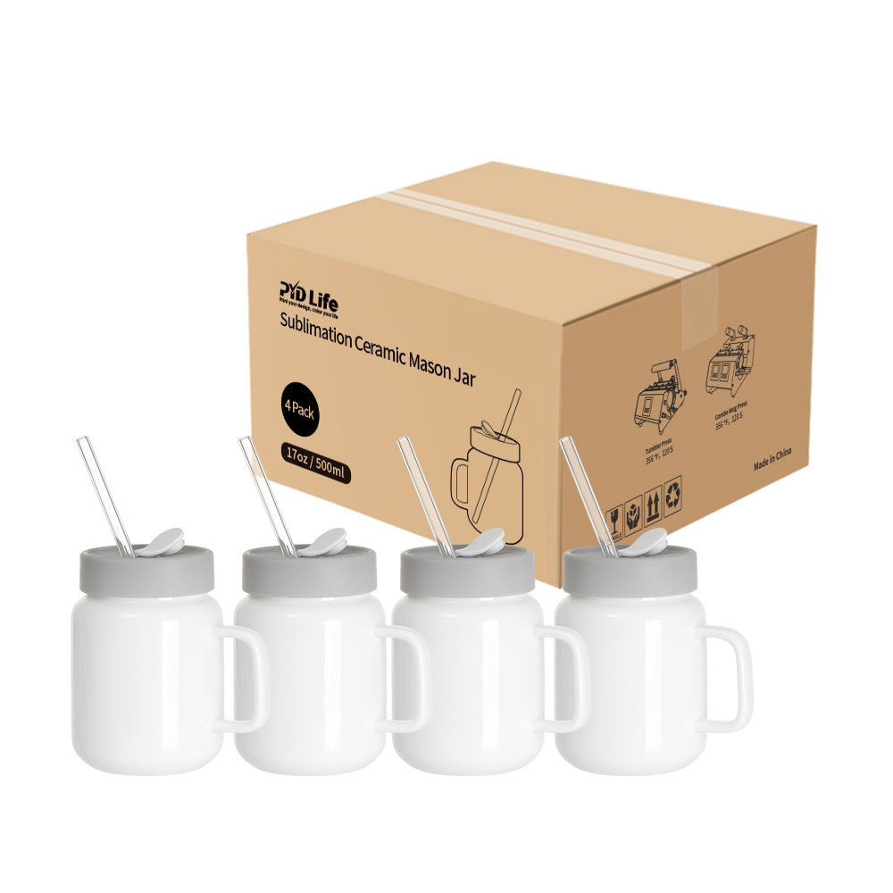Sublimation Ceramic Mason Jar Full Color with Handle, Silicon Lid and Glass Straw 17 OZ 4 Pack (3 color options)