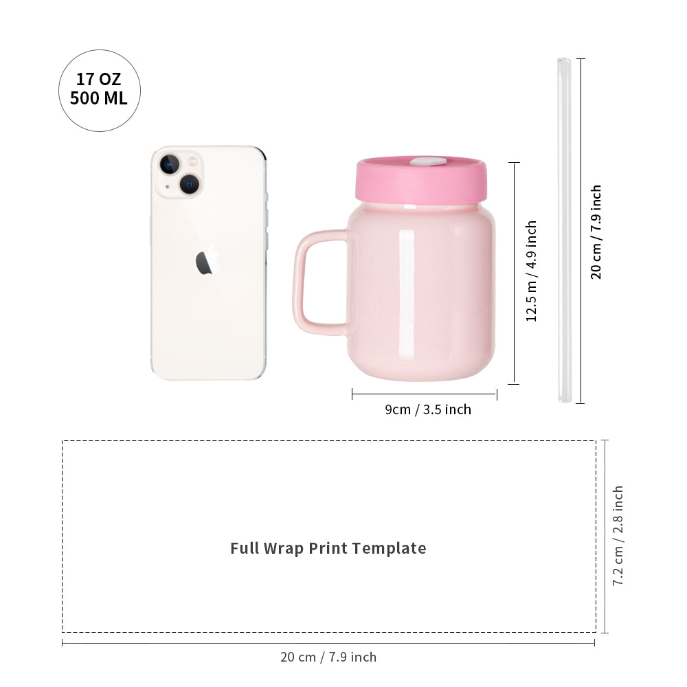 Sublimation Ceramic Mason Jar Full Color with Handle, Silicon Lid and Glass Straw 17 OZ 4 Pack (3 color options)