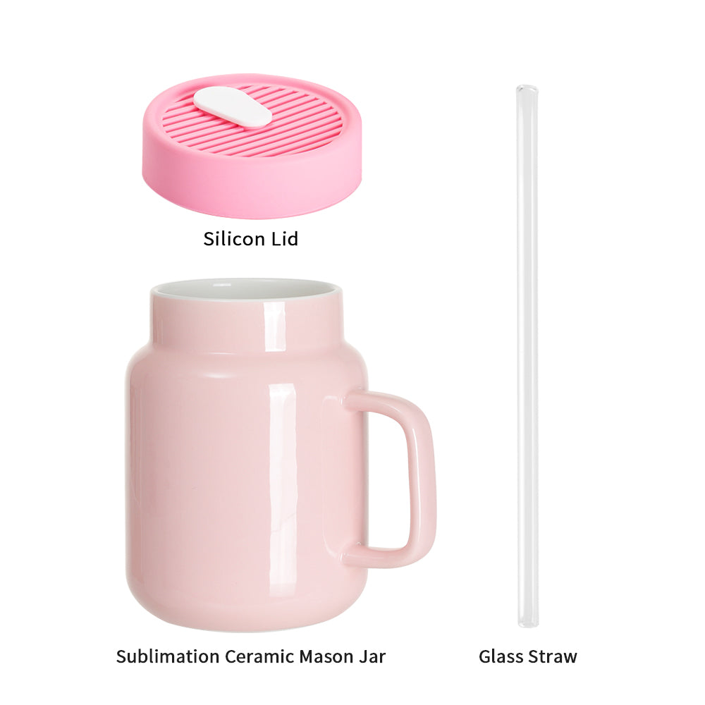 Sublimation Ceramic Mason Jar Full Color with Handle, Silicon Lid and Glass Straw 17 OZ 4 Pack (3 color options)