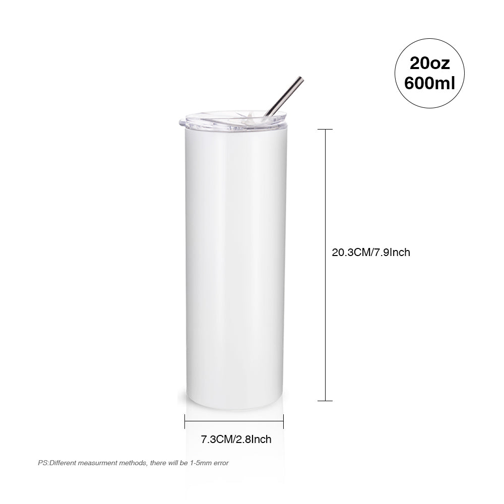 Sublimation Skinny Straight Tumbler White With Metal Straw And Slide Lid 20 OZ 12 Pack