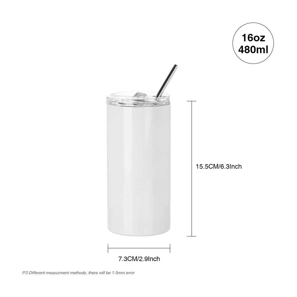 Sublimation Skinny Straight Tumbler White With Metal Straw And Slide Lid 16 OZ 25 Pack(Shipping from China)