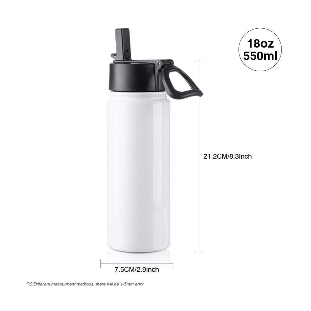 Wholesale 18 OZ Sublimation Water Bottles Bulk White with Wide Mouth Handle Cap and Straw 8 Pack & 24 Pack & 48 Pack