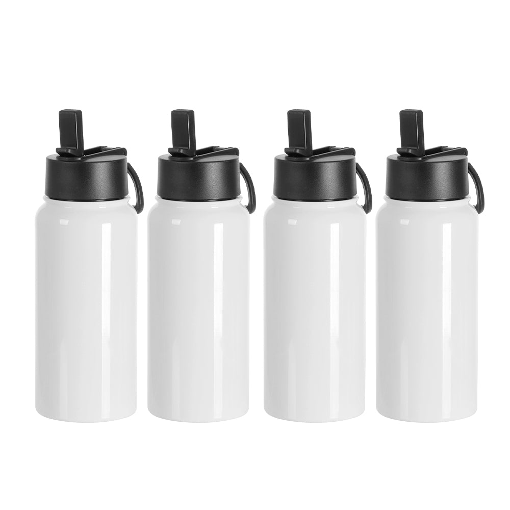 Sublimation Sports Water Bottles White with Wide Mouth Handle Cap and Straw 25 OZ 4 Pack