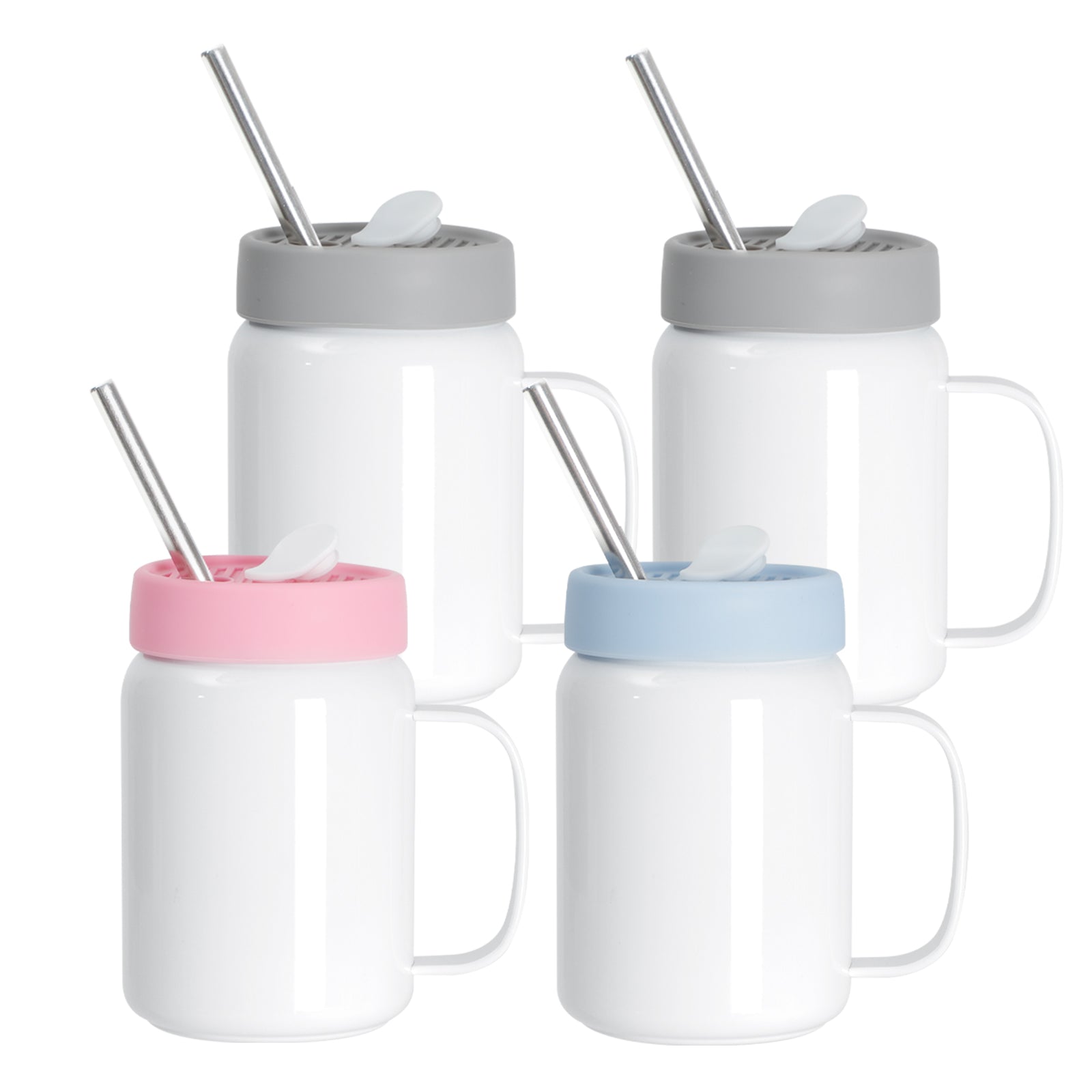 Sublimation Mason Jar Tumbler White with Handle, Silicon Lid Mix Color, and  Metal Straw 16 OZ 4 Pack