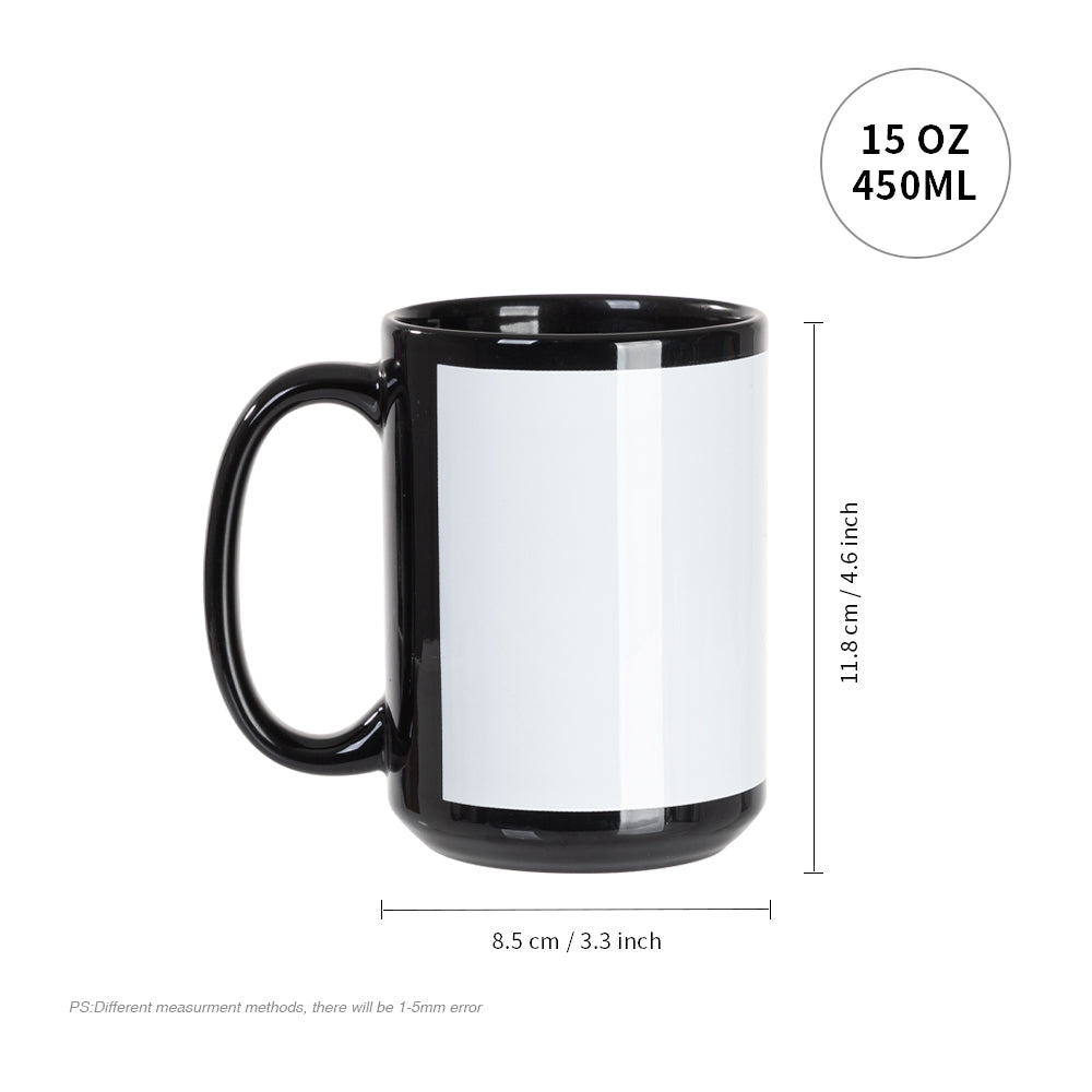 Wholesale 15 OZ Sublimation Ceramic Coffee Mugs Black with White Patch 8 Pack & 24 Pack & 48 Pack