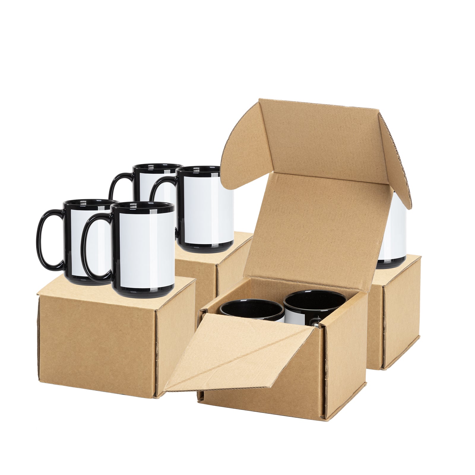 Wholesale 15 OZ Sublimation Ceramic Coffee Mugs Black with White Patch 8 Pack & 24 Pack & 48 Pack