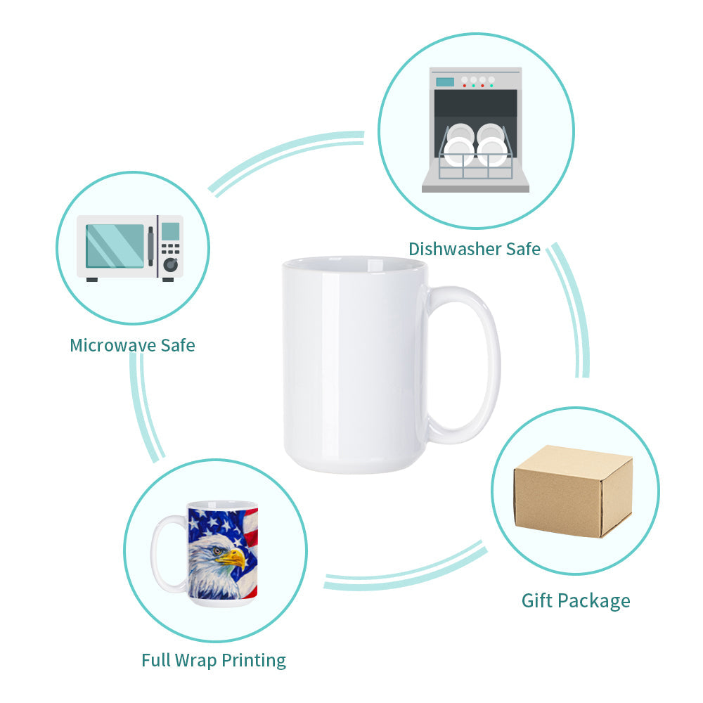 Wholesale 15 OZ Sublimation Blanks Ceramic Coffee Photo Mugs Bulk 24 Pack & 72 Pack & 144 Pack