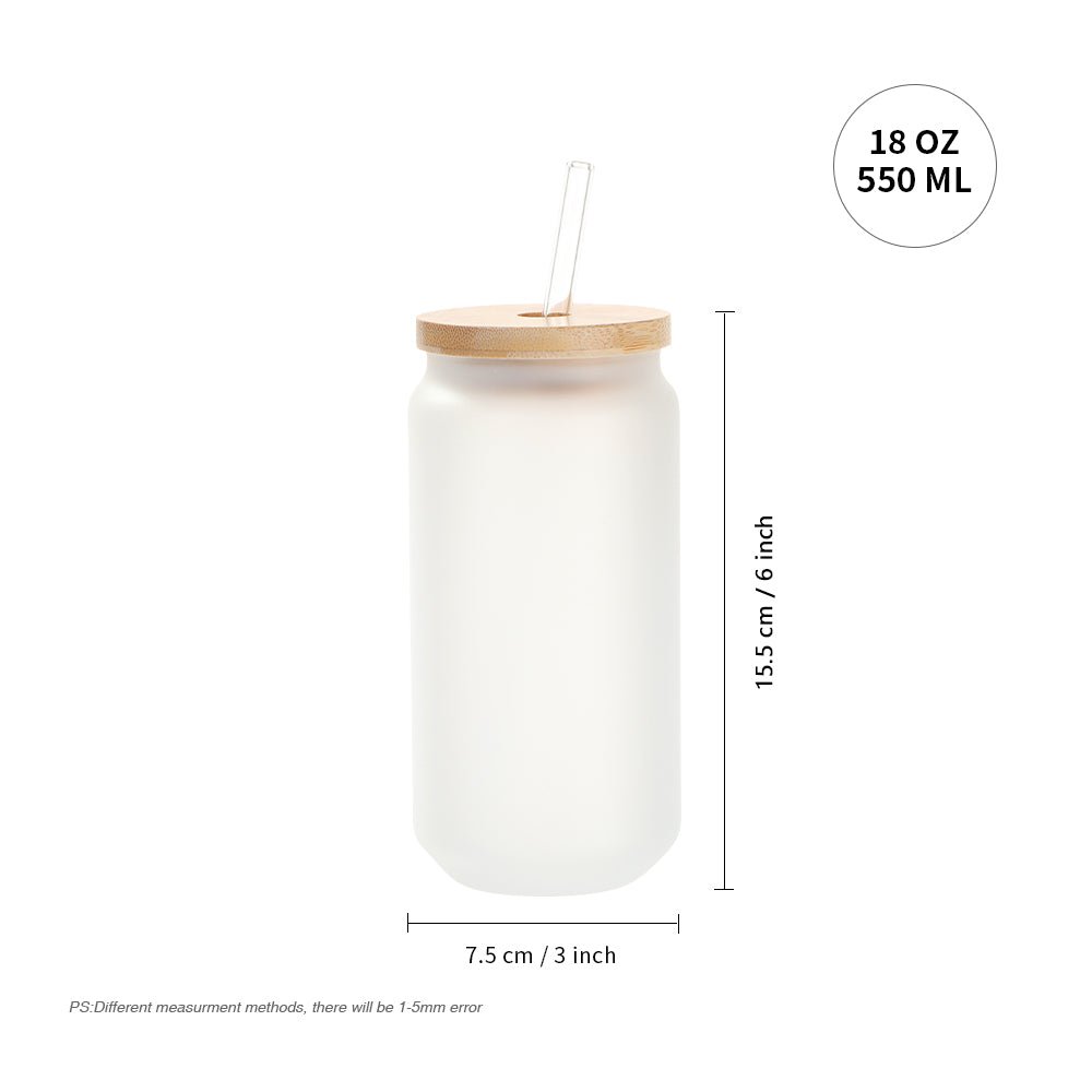Wholesale 18 OZ Sublimation Blanks Glass Cans Tumblers Frosted Bulk with Bamboo Lid and Glass Straw 12 Pack & 60 Pack & 120 Pack