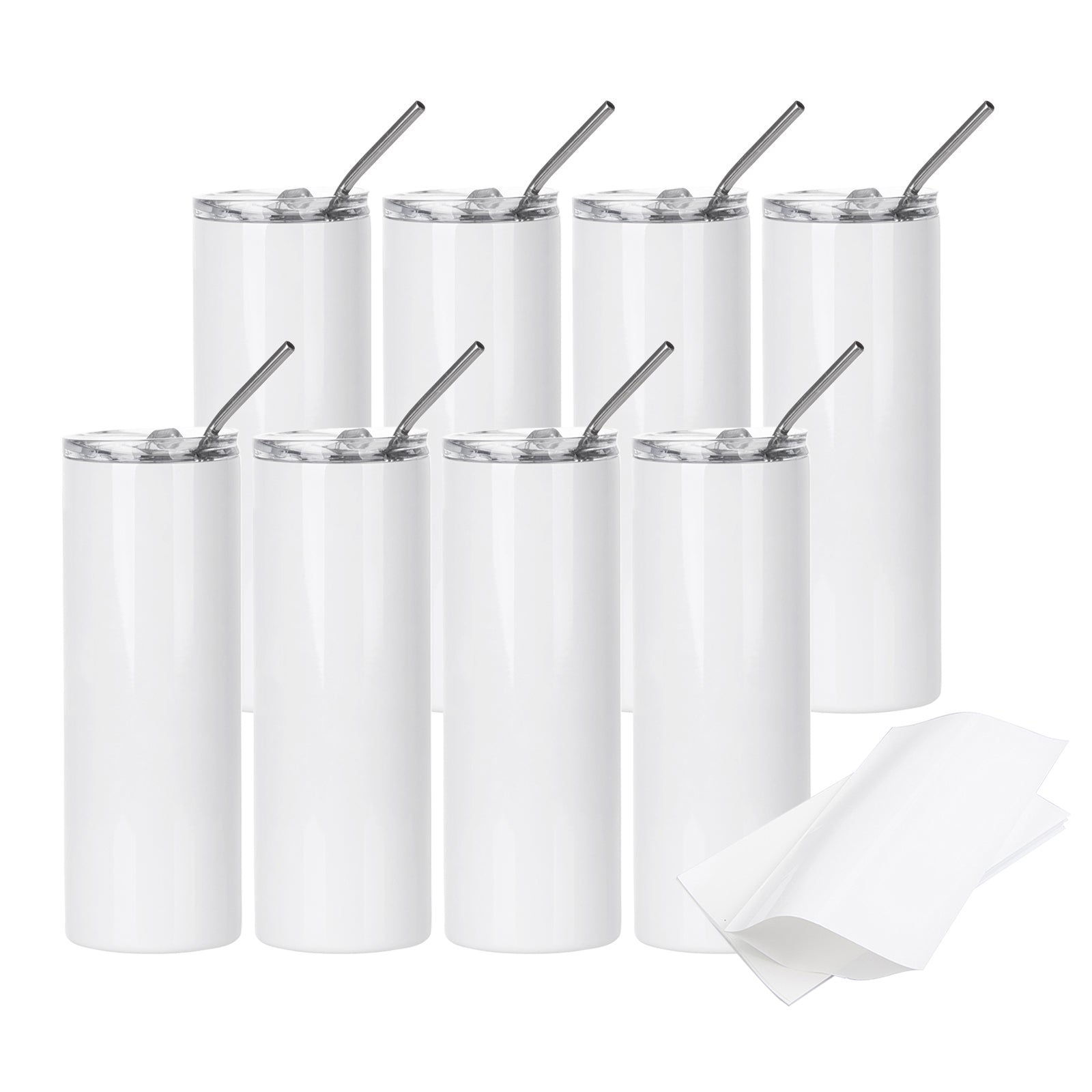 PYD Life Skinny 20 oz Straight Stainless Steel White Tumbler with Metal Straw for Heat Press Machine Printing 4 Pack