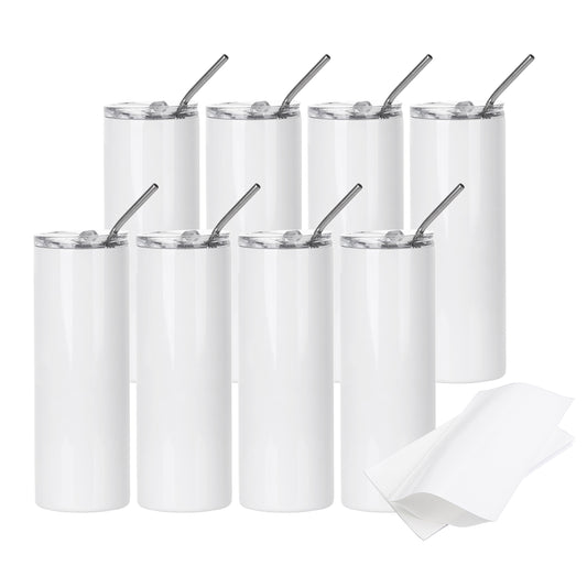 Wholesale Sublimation Tumblers 20 OZ Bulk White with Shrink Wrap Film, with Lid and Straw 8 Pack & 24 Pack & 48 Pack