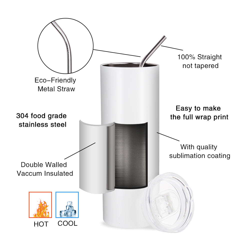 Wholesale 20 OZ Sublimation Blanks Tumblers Skinny Bulk White with Lid and Straw 24 PCS for CA