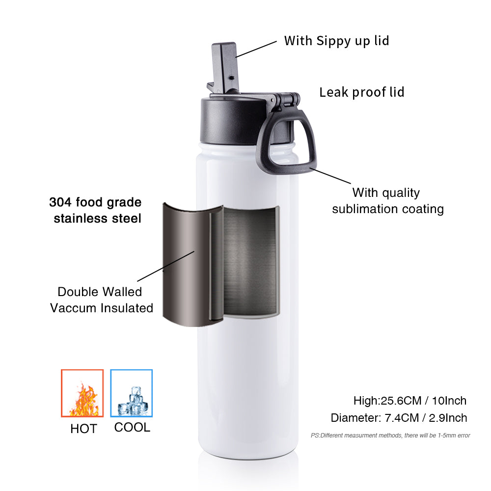 Wholesale 22 OZ Sublimation Water Bottles Bulk with Wide Mouth Handle Cap and Straw 8 Pack & 24 Pack & 48 Pack