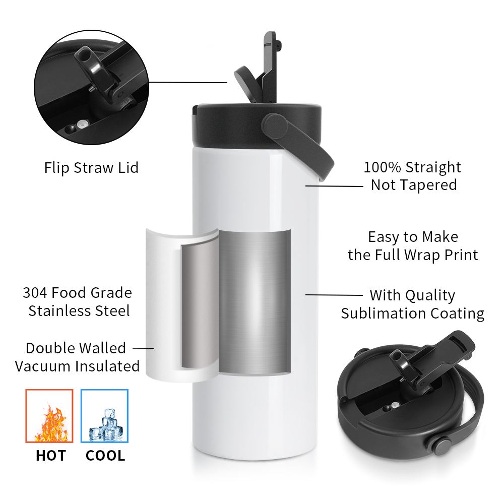 Wholesale Sublimation Water Bottle Blanks Bulk Sports Wide Mouth Vacuum Insulated Straight Tumblers with Flip Straw and Portalbe Handle(2 Size) 8 Pack & 24 Pack
