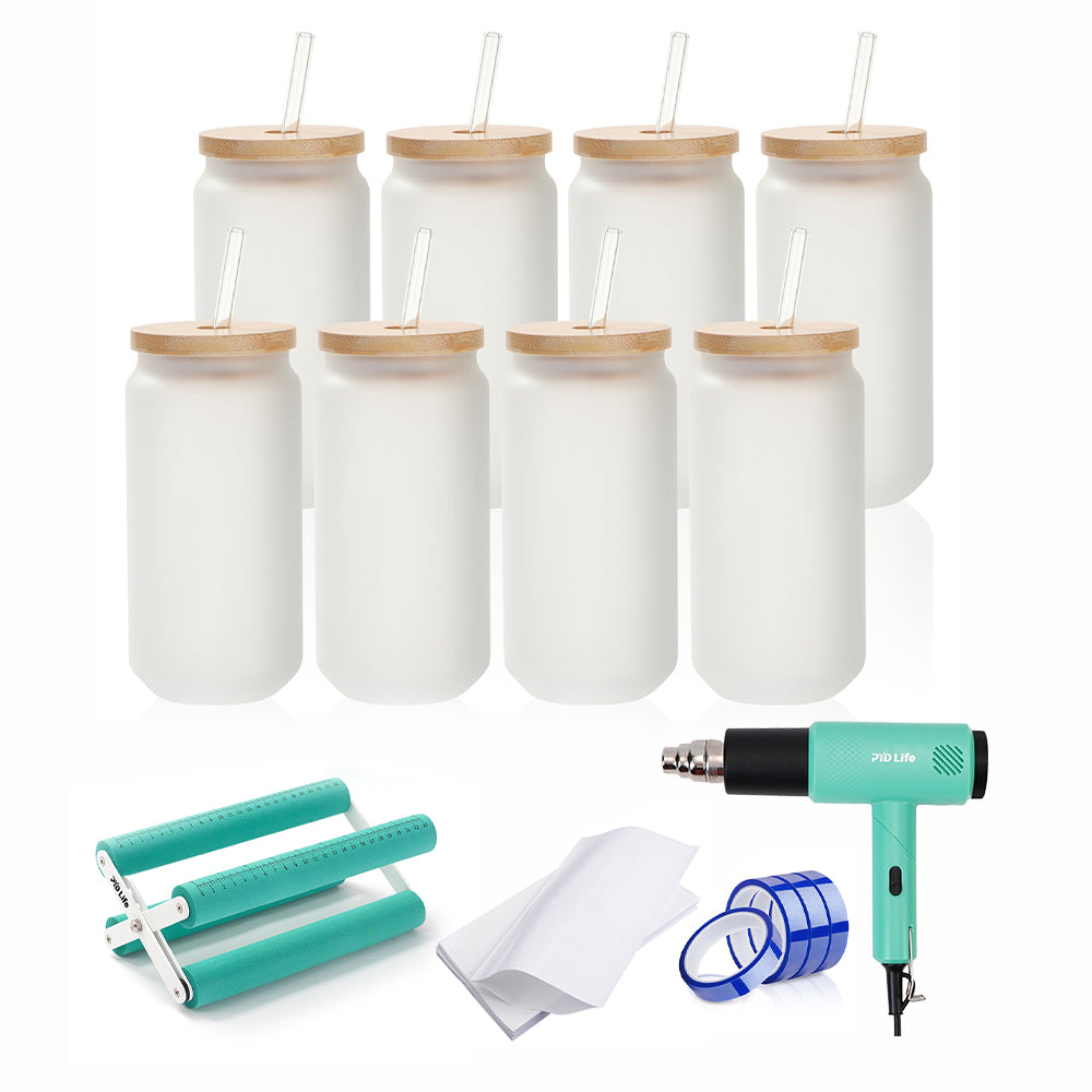 Sublimation Glass Can Kit with 18OZ Glass Can, Shrink Wrap Film, Cup Cradle,Heat Tape & Heat Gun