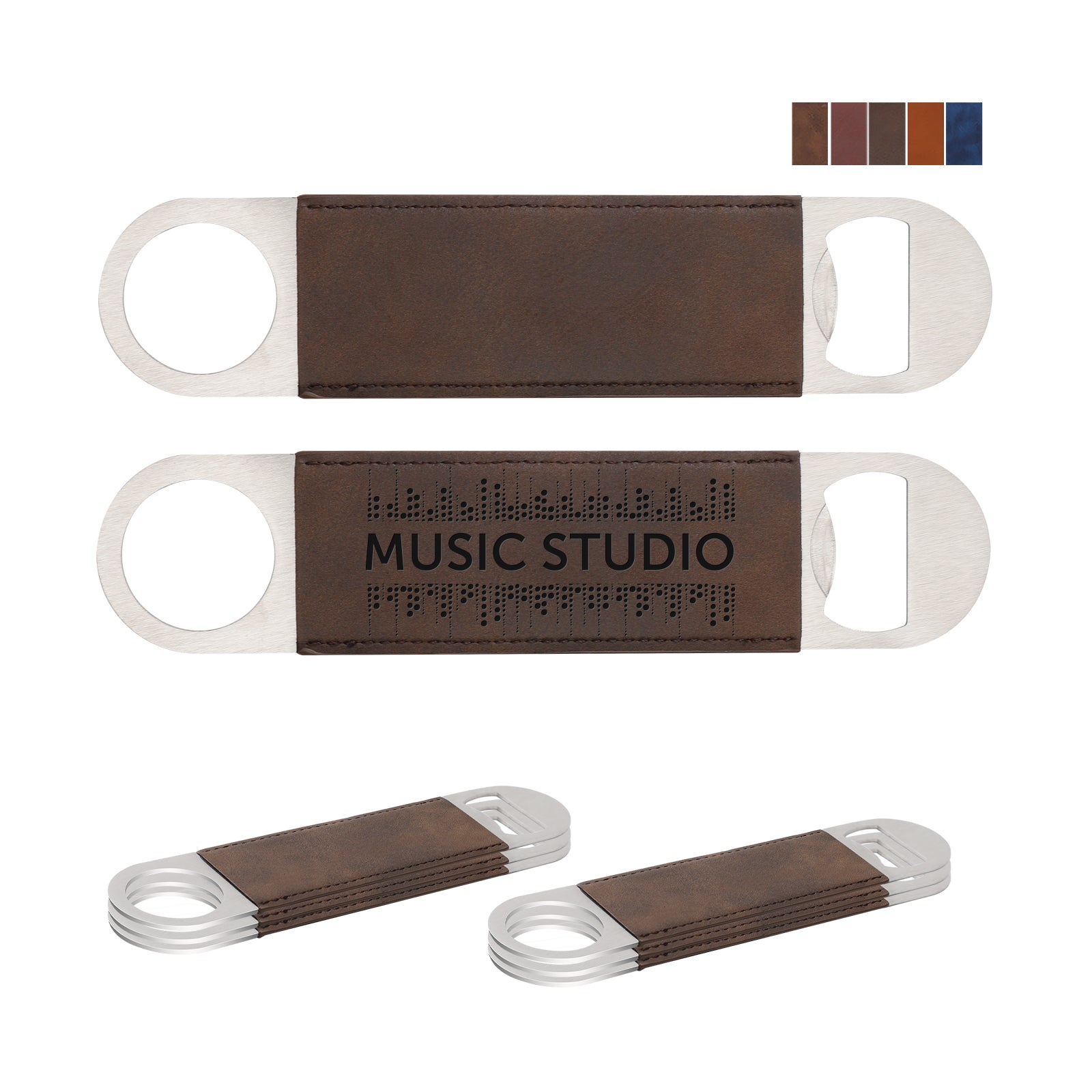 Craft Blanks Stainless Steel Bottle Opener with Leather Cover for Custom Laser Engraving, 1.6 x 7 inches Rec, 5 color options, 8 Pack