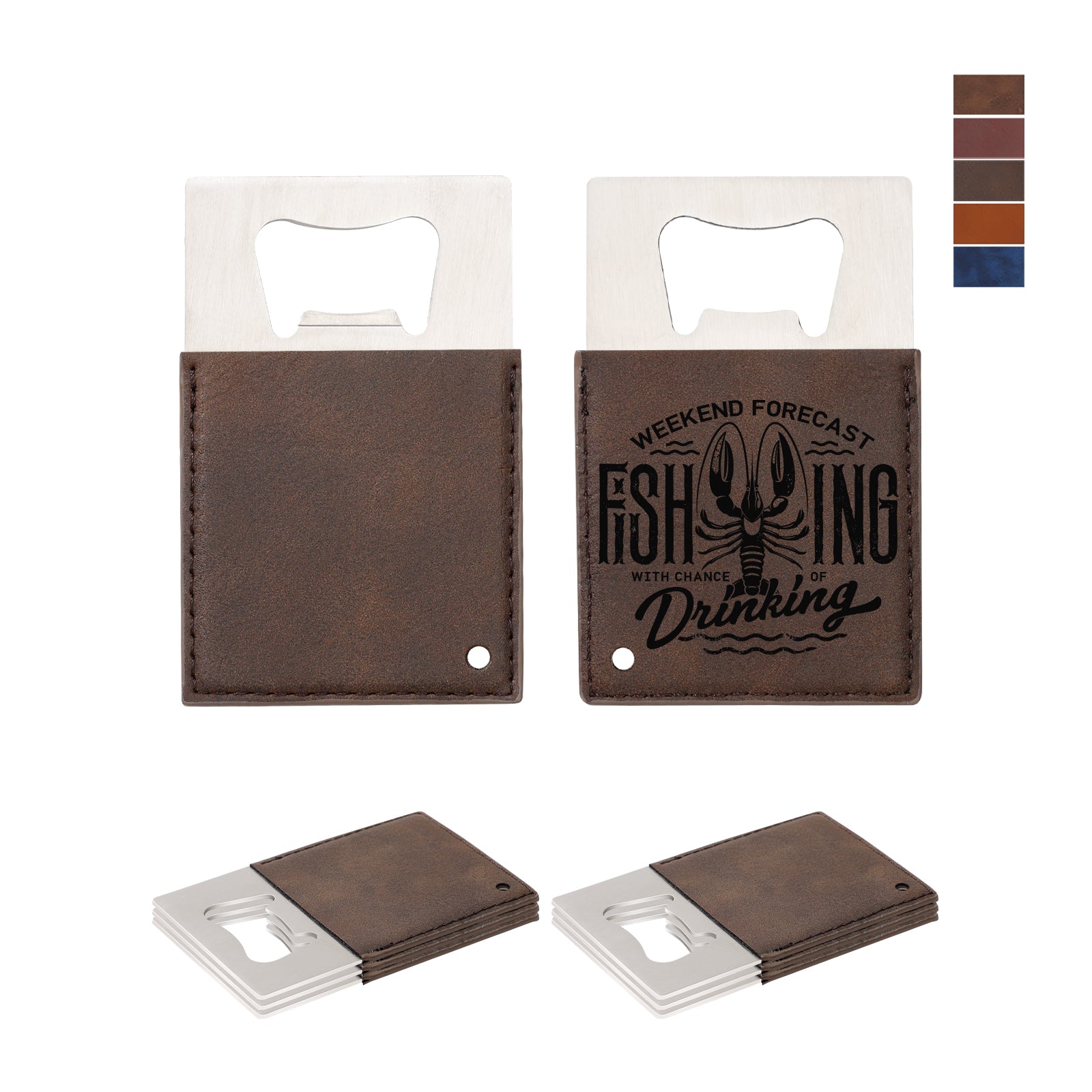 Craft Blanks Stainless Steel Bottle Opener with Leather Cover for Custom Laser Engraving, Card shape, 5 color options, 8 Pack