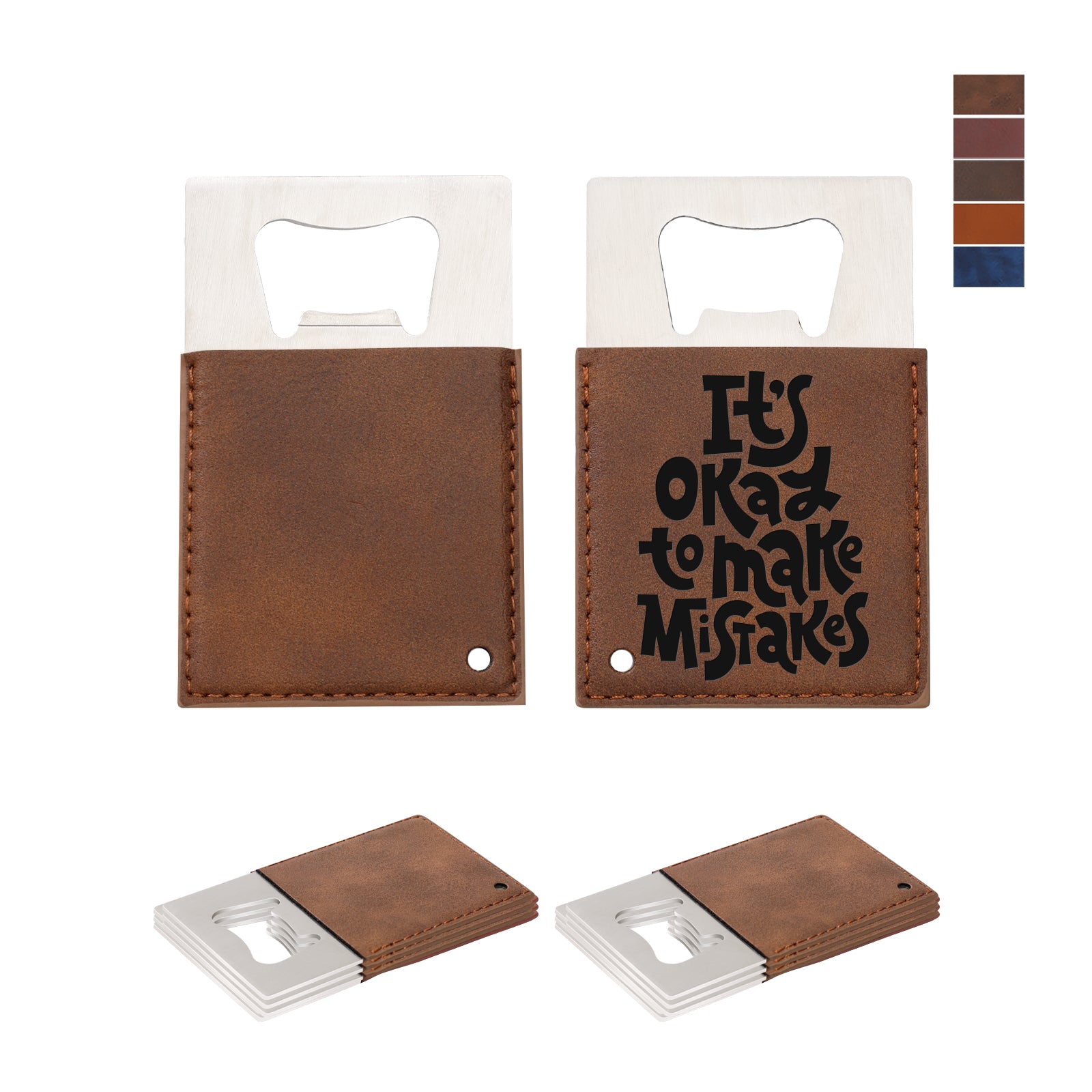 Craft Blanks Stainless Steel Bottle Opener with Leather Cover for Custom Laser Engraving, Card shape, 5 color options, 8 Pack