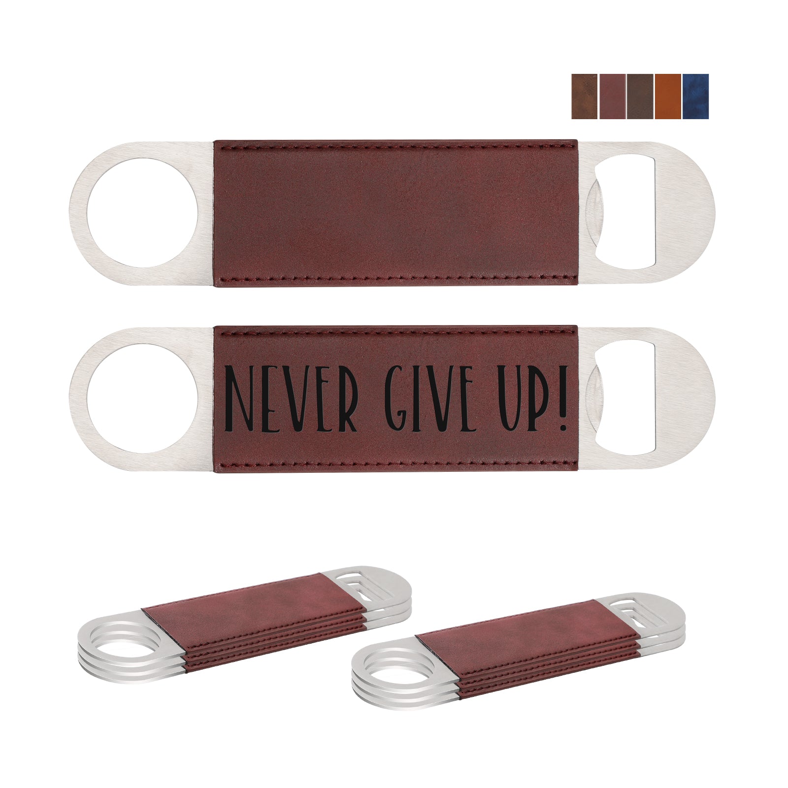 Craft Blanks Stainless Steel Bottle Opener with Leather Cover for Custom Laser Engraving, 1.6 x 7 inches Rec, 5 color options, 8 Pack