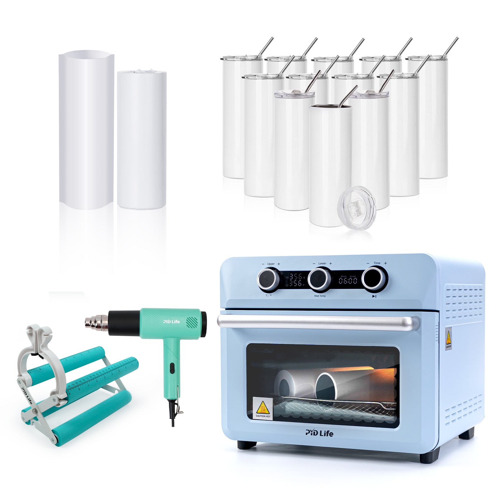 25L or 40L Oven Sublimation Starter Beginner Kit Bundle with 20 OZ Sublimation Tumblers,Sublimation Paper,Cup Tumbler Cradle,Shrink Wrap Films , Heat Tape and Heat Blower Foldable Handle(2 options)