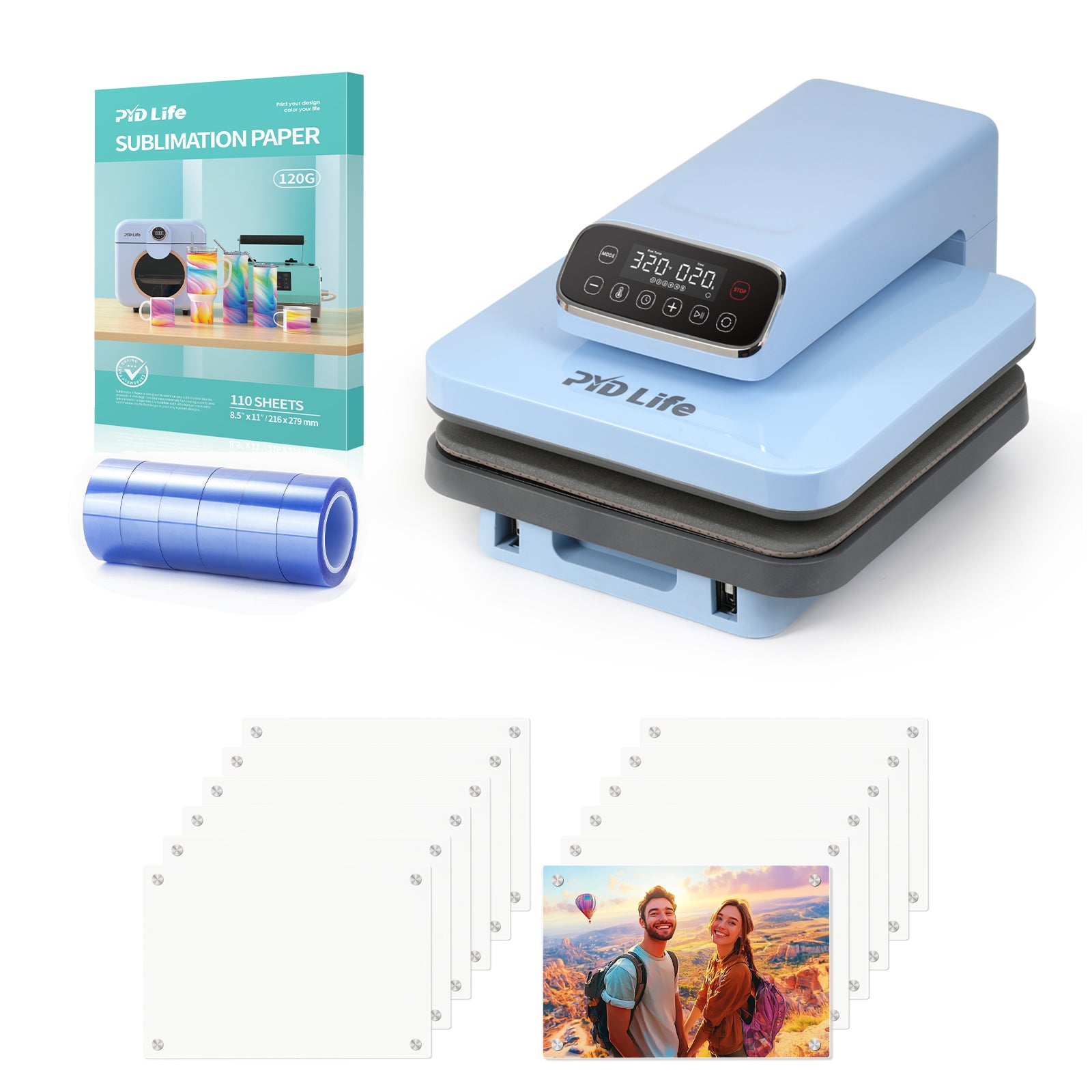 Auto Heat Press Machine for T Shirts Bundle kit With Sublimation Glass Photo Frame,Heat Tape,Sublimation paper