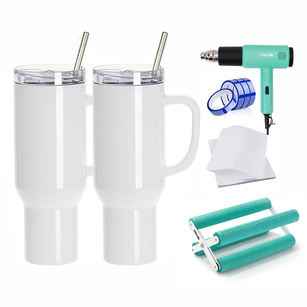 Sublimation Tumbler Kit with 40oz Tumbler, Shrink Wrap Film, Cup Cradle,Heat Tape & Heat Gun