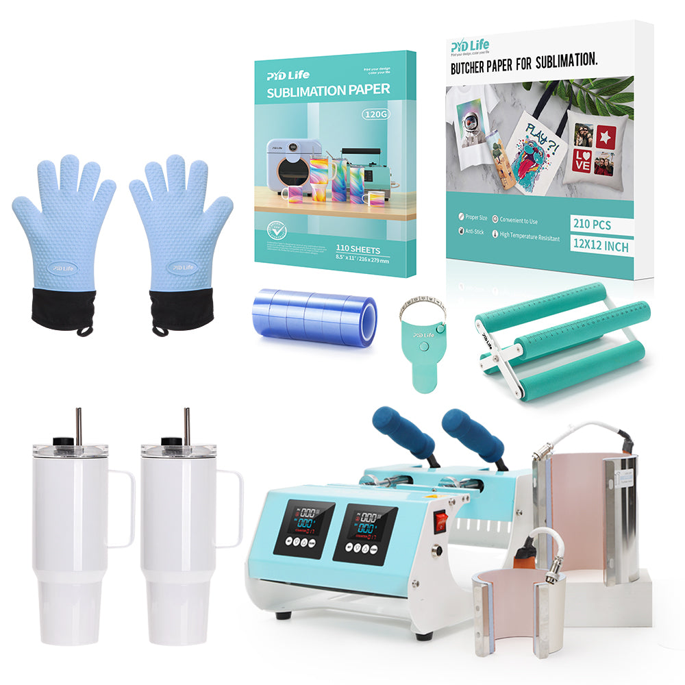 40 OZ Dual Tumbler Heat Press Sublimation Starter Beginners Kit Bundle 8 types,with 40 OZ Sublimation Tumblers,Tumbler Cup Cradle,Sublimation Paper,Butcher Paper,Sublimation Tapes,Heat resistant Glovers,Y-shaped Tape Rulers