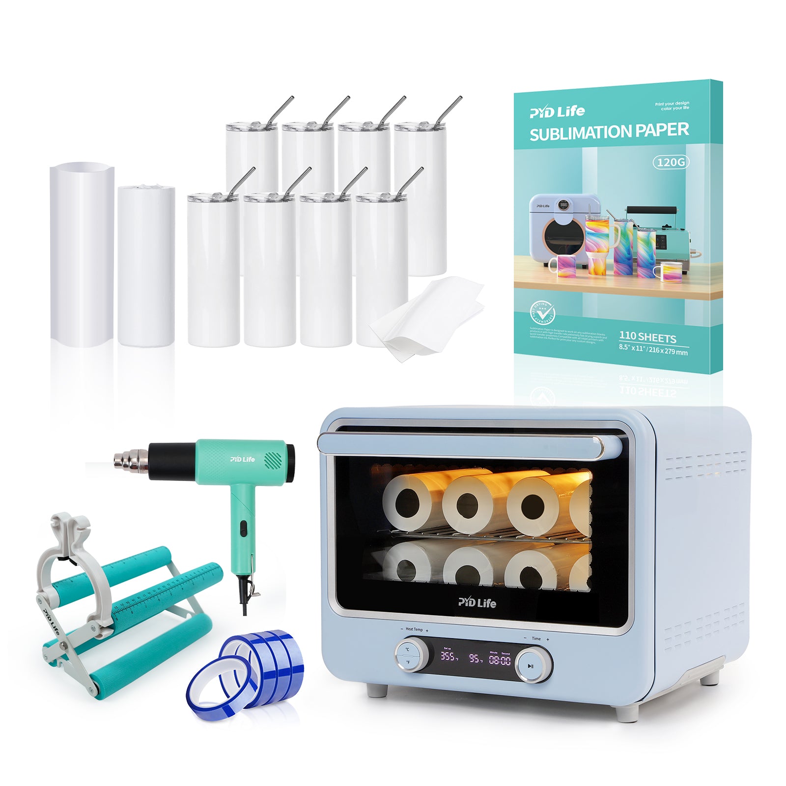25L or 40L Oven Sublimation Starter Beginner Kit Bundle with 20 OZ Sublimation Tumblers,Sublimation Paper,Cup Tumbler Cradle,Shrink Wrap Films , Heat Tape and Heat Blower Foldable Handle(2 options)