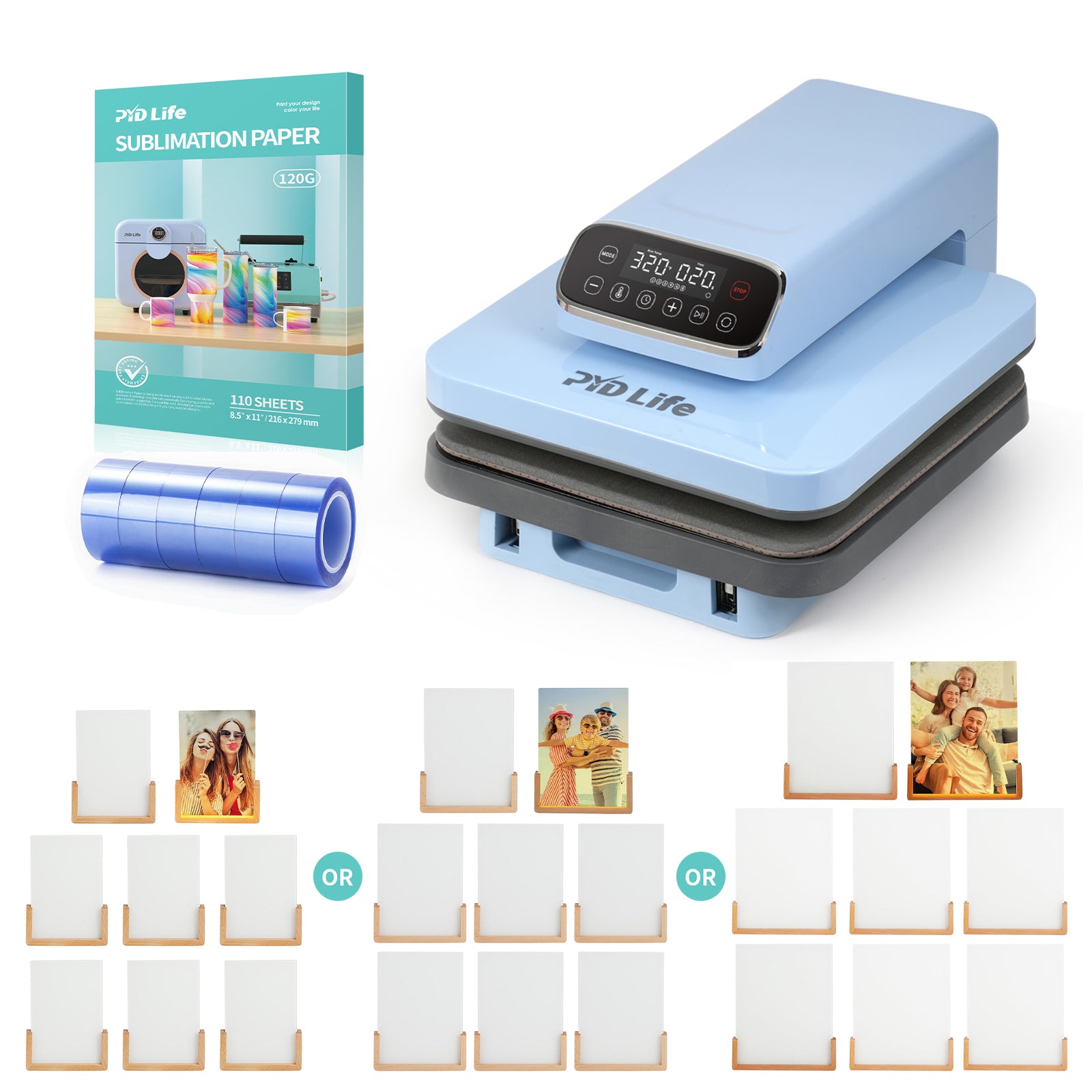 Auto Heat Press Machine for T Shirts Bundle kit With Glass Photo Frames with Light,Heat Tape,Sublimation paper