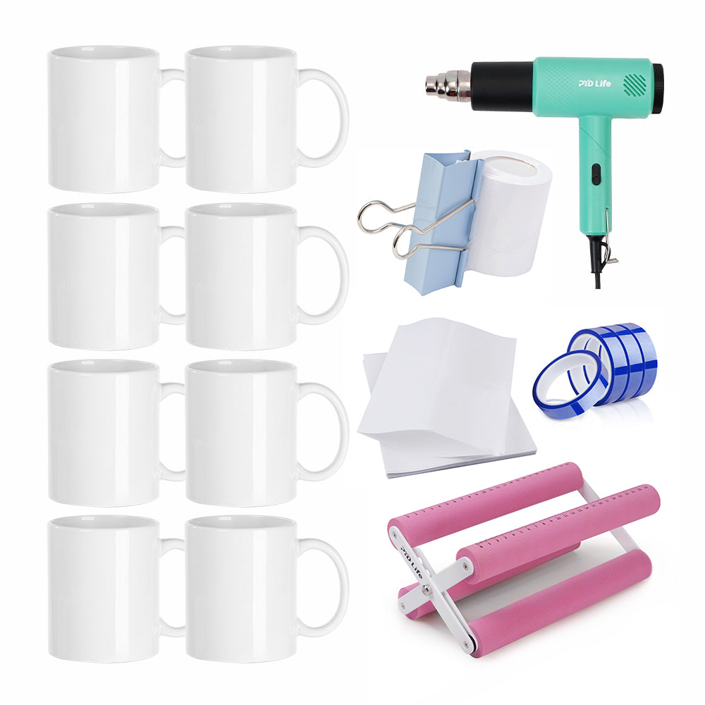 Sublimation Mug Kit with 11oz Mugs, Shrink Wrap Film, Cup Cradle,Heat Tape & Heat Gun and Binder Clip