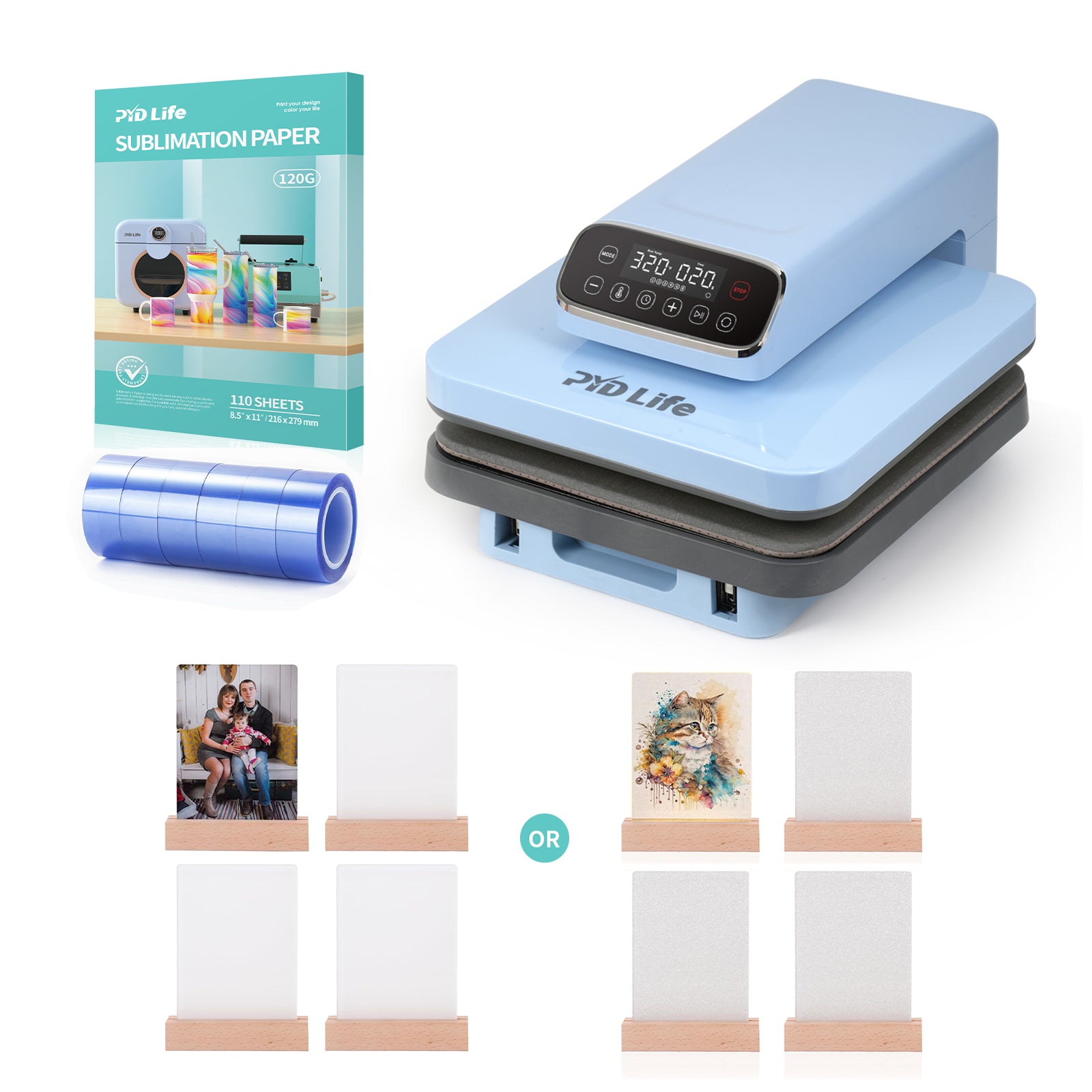 Auto Heat Press Machine for T Shirts Bundle kit With  LED Acrylic Photo Frames Night Lights,Heat Tape,Sublimation paper