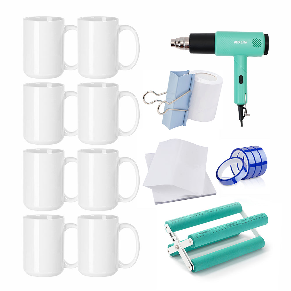 Sublimation Mug Kit with 15oz Mugs, Shrink Wrap Film, Cup Cradle,Heat Tape & Heat Gun and Binder Clip