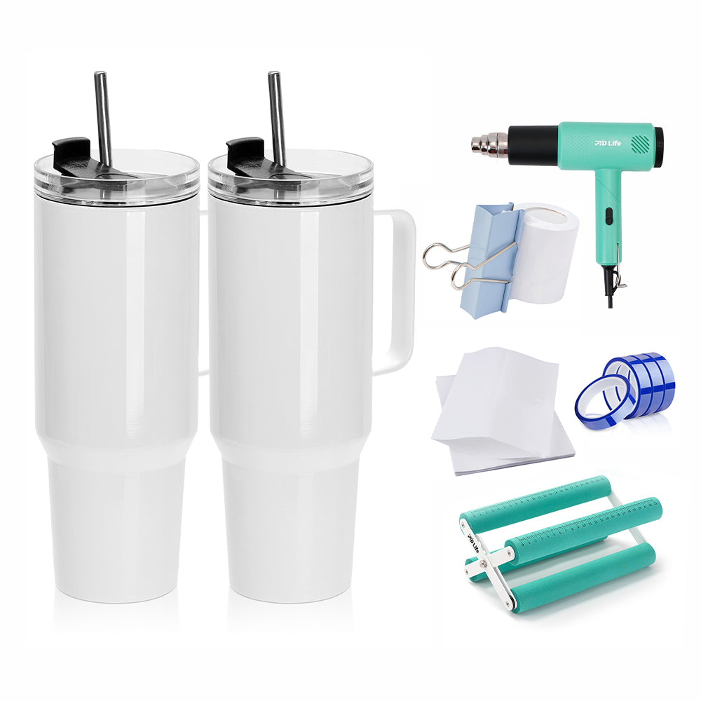 Sublimation Tumbler Kit with 40oz Tumbler, Shrink Wrap Film, Cup Cradle,Heat Tape & Heat Gun and Binder Clip