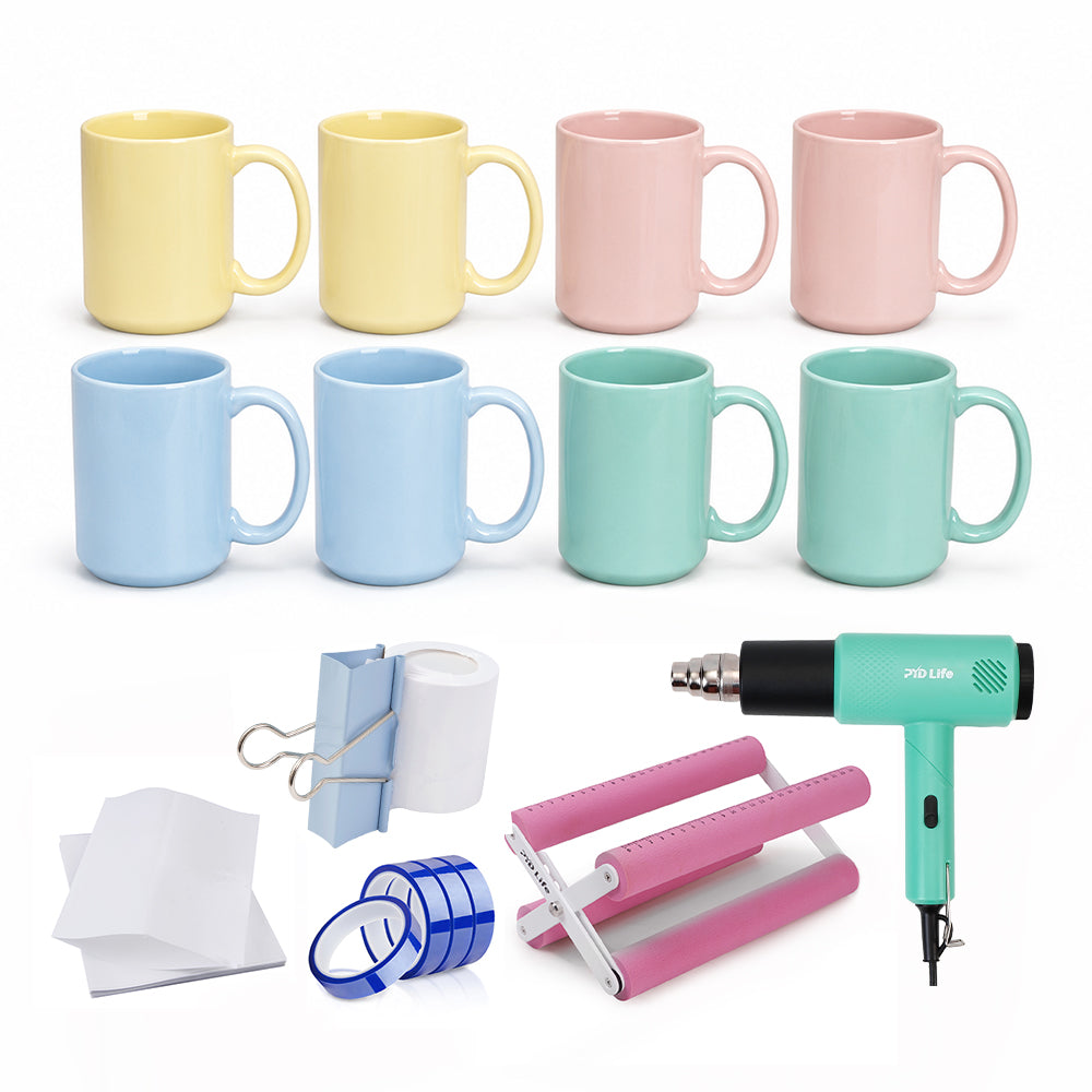 Sublimation Mug Kit with 15 OZ Mixed Macaron Colors Mugs, Shrink Wrap Film, Cup Cradle,Heat Tape & Heat Gun and Binder Clip