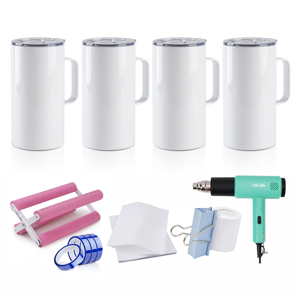 Sublimation Tumbler Kit with 20oz Tumbler with Handle, Shrink Wrap Film, Cup Cradle,Heat Tape & Heat Gun and Binder Clip
